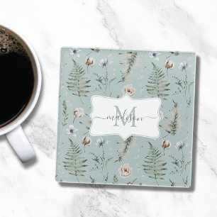 Monogram Flowers and Fern Leaves Floral Botanical Glass Coaster