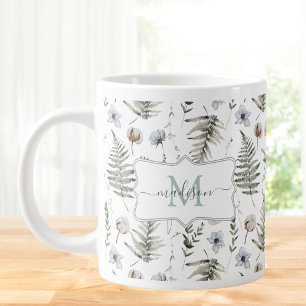 Monogram Flowers and Fern Leaves Floral Botanical Large Coffee Mug