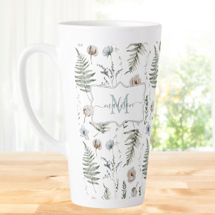 Monogram Flowers and Fern Leaves Floral Botanical Latte Mug