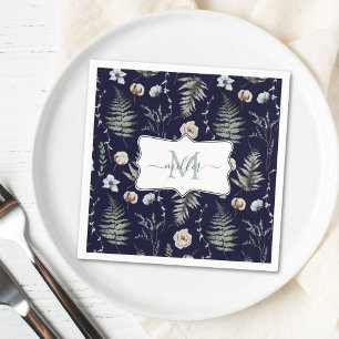 Monogram Flowers and Fern Leaves Floral Botanical Napkin