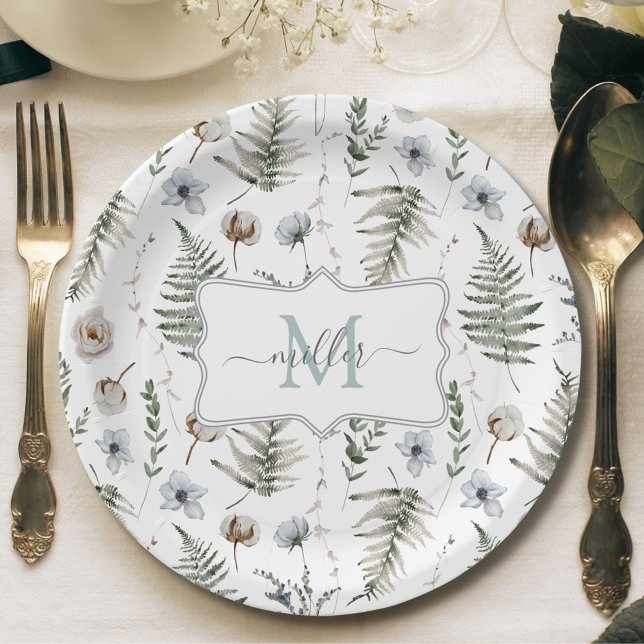 Monogram Flowers and Fern Leaves Floral Botanical Paper Plate (In situ)
