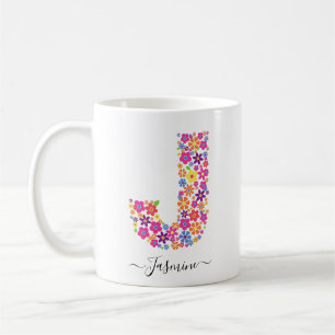 Monogram Flowers Custom Text - Floral Letter J Coffee Mug