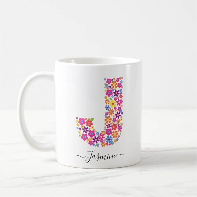 Monogram Flowers Custom Text - Floral Letter J Coffee Mug (Left)