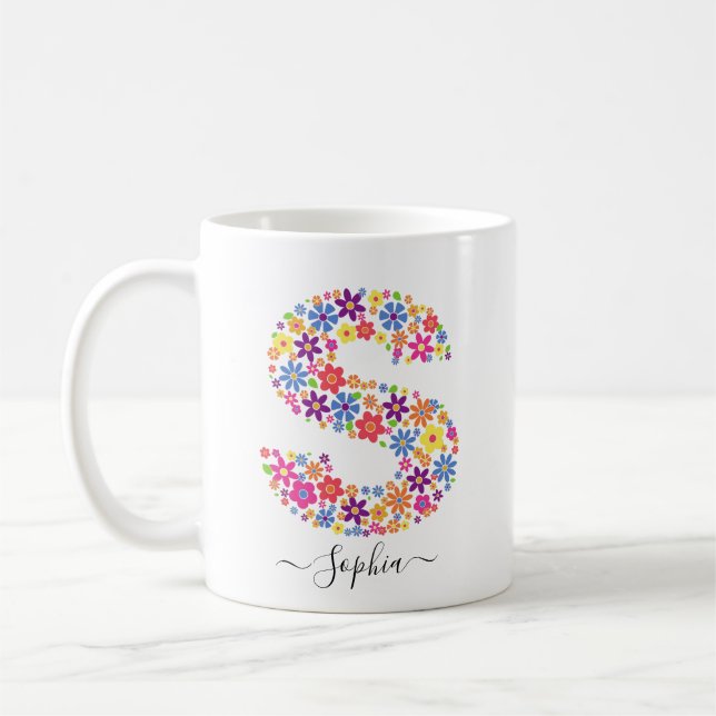 Monogram Flowers Custom Text - Floral Letter S Coffee Mug (Left)