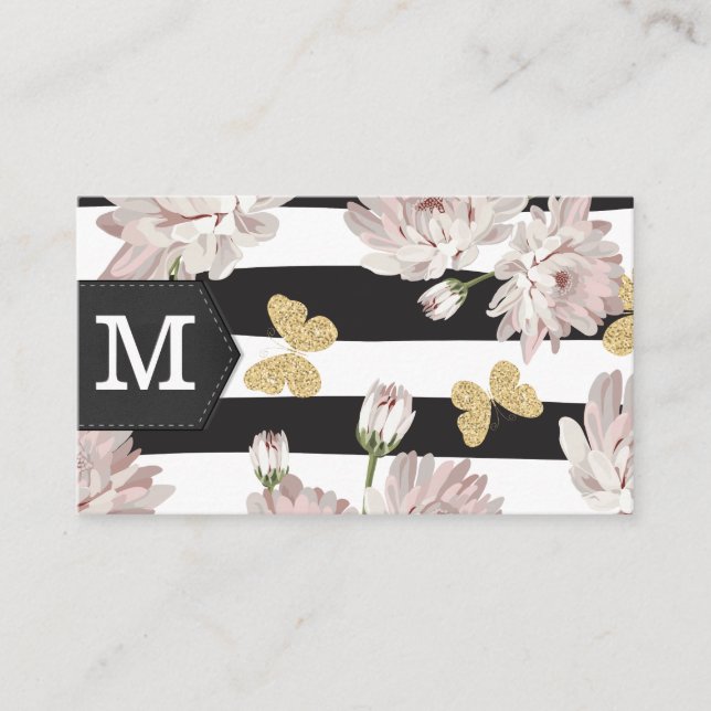 Monogram |  Flowers | Glitter Butterflies | Stripe Business Card (Front)