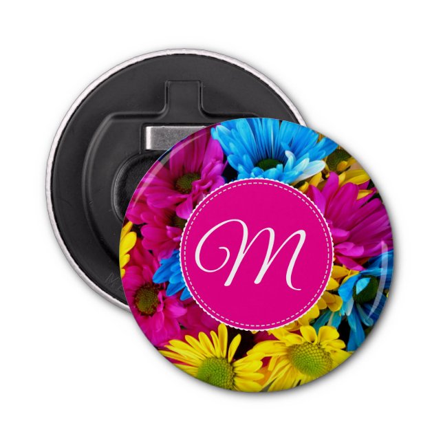 Monogram Flowers in Fluorescent Colors Bottle Opener (Front)