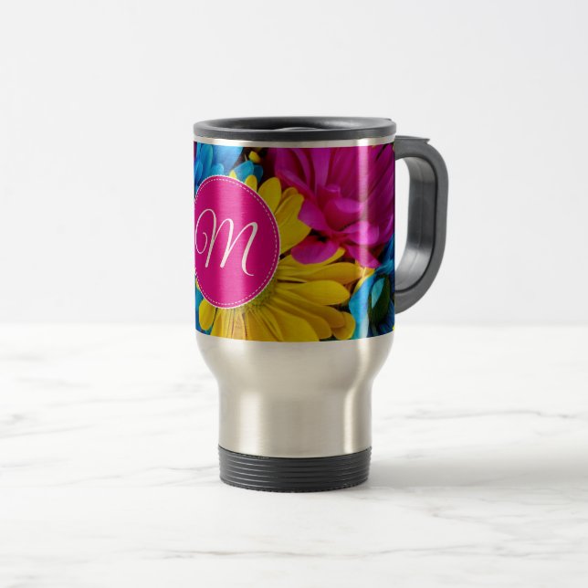 Monogram Flowers in Fluorescent Colours Travel Mug (Front Right)