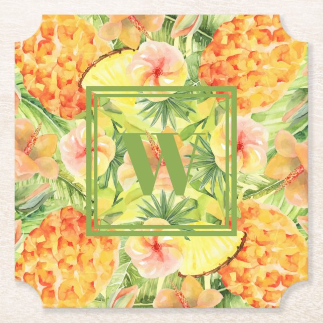 Monogram Flowers Pineapples Paper Coaster (Front)
