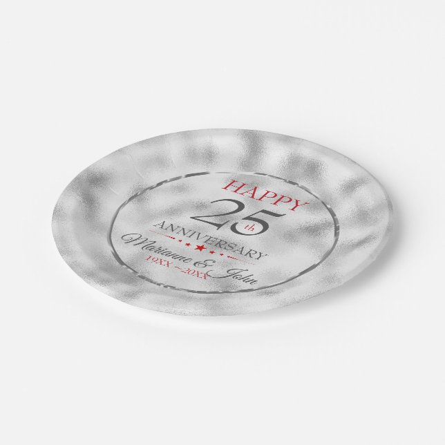 Monogram Foggy Light Grey Glass- 25th Anniversary Paper Plate (Angled)