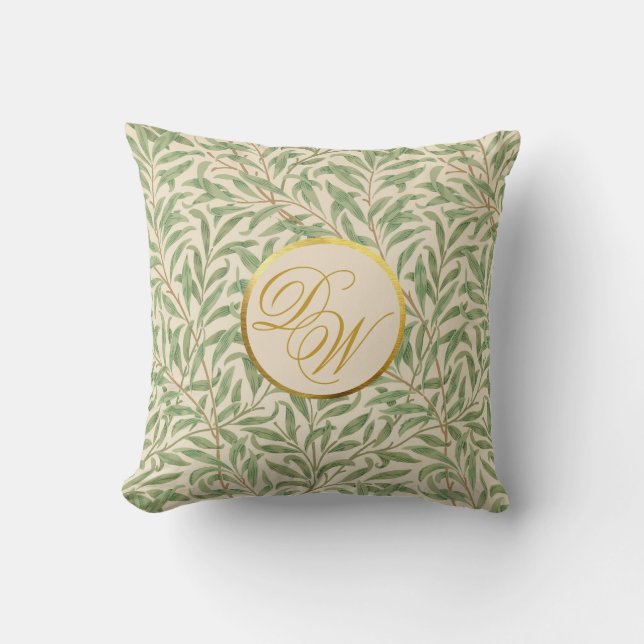 Monogram Foliage Morris Green Leaves Faux Gold Cushion (Front)