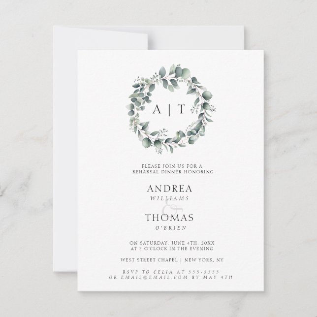 Monogram Foliage Rehearsal Dinner Invitation (Front)