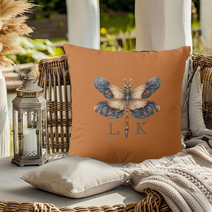 Monogram Folk Art Dragonfly Orange Purple Blue Cushion