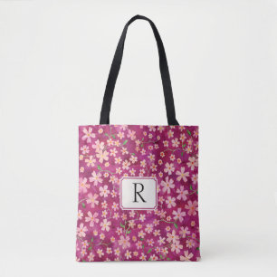 Monogram For Her Cheery Floral Pink and Rose Tote Bag