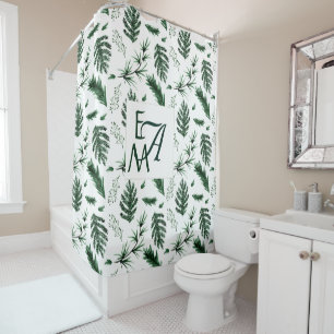 Monogram Forest Green Leaves Botanical 3 Initials Shower Curtain
