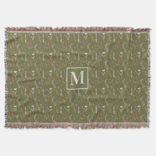 Monogram Forest Green Watercolor Wildflower Garden Throw Blanket