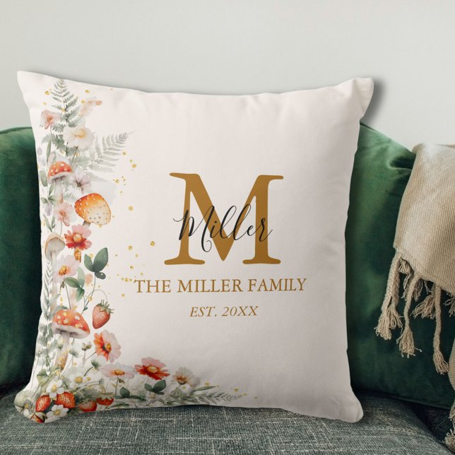 Monogram Forest Mushrooms Flowers Floral botanical Cushion (In situ)