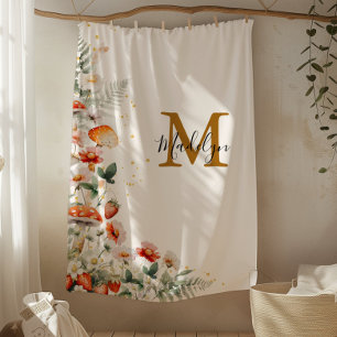 Monogram Forest Mushrooms Flowers Floral botanical Fleece Blanket