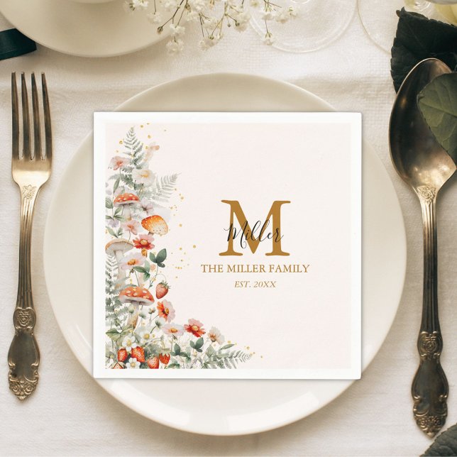 Monogram Forest Mushrooms Flowers Floral botanical Napkin (In situ)