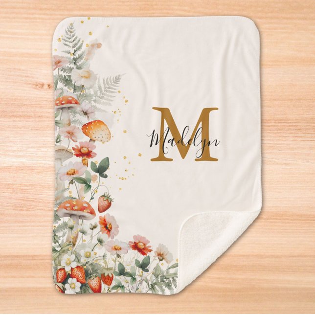 Monogram Forest Mushrooms Flowers Floral botanical Sherpa Blanket (In situ)