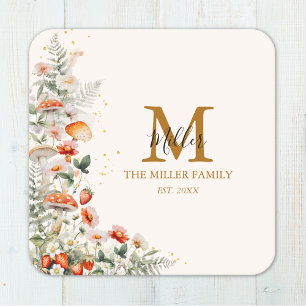 Monogram Forest Mushrooms Flowers Floral botanical Square Paper Coaster