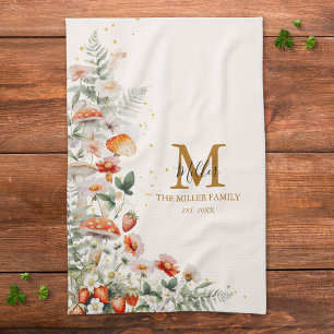 Monogram Forest Mushrooms Flowers Floral botanical Tea Towel