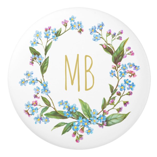 Monogram Forget-Me-Not Wreath Blue Flowers Cute Ceramic Knob (Front)