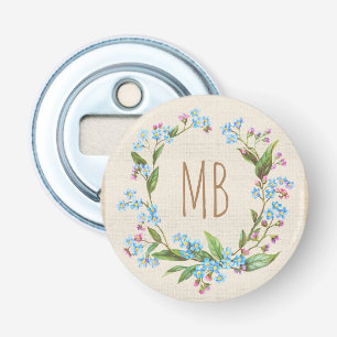 Monogram Forget-Me-Not Wreath Blue Flowers Rustic Bottle Opener