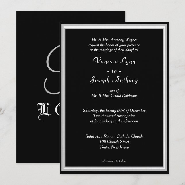 Monogram Formal Black White Invitation (Front/Back)