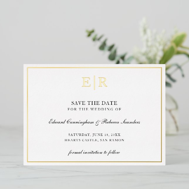 Monogram Formal Photo Wedding Save The Date Gold (Standing Front)