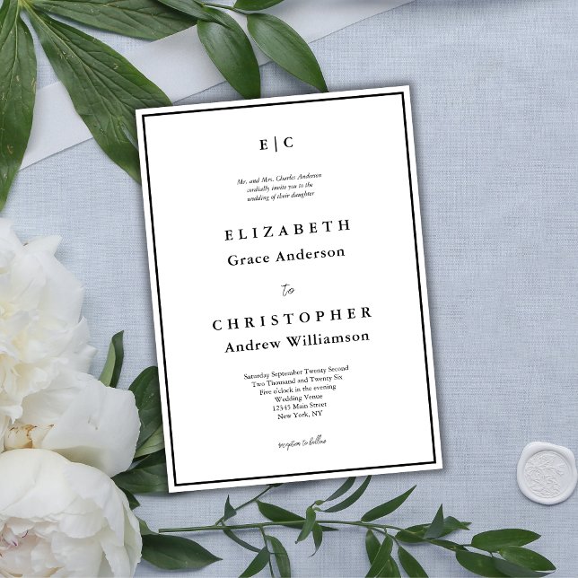 Monogram Formal Traditional Minimalist Wedding Invitation (Elegant Monogram Black White Traditional Wedding Invitation)