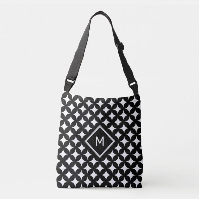 Monogram & Four-Pointed Star Pattern on Black  Crossbody Bag (Front)