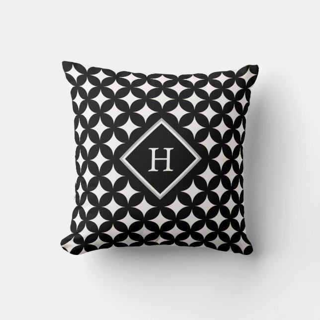 Monogram & Four-Pointed Star Pattern on Black Cushion (Front)