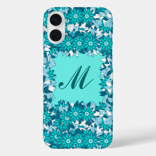 Monogram framed with flowers - blue and white iPhone 16 plus case