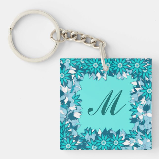 Monogram framed with flowers - blue and white key ring (Front)