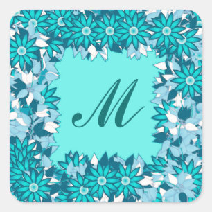 Monogram framed with flowers - blue and white square sticker