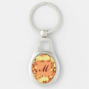Monogram framed with flowers - cocoa & yellow key ring