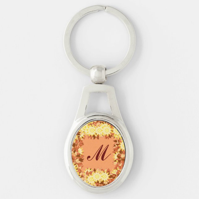 Monogram framed with flowers - cocoa & yellow key ring (Front)