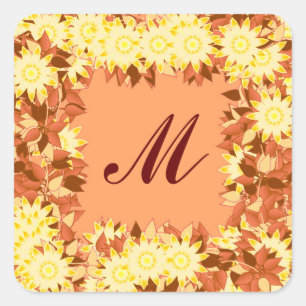 Monogram framed with flowers - cocoa & yellow square sticker