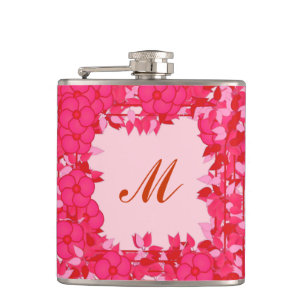 Monogram framed with flowers - fuchsia and pink hip flask