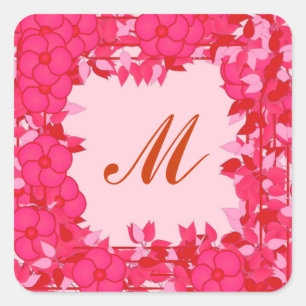 Monogram framed with flowers - fuchsia and pink square sticker
