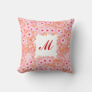 Monogram framed with flowers - pink and peach cushion