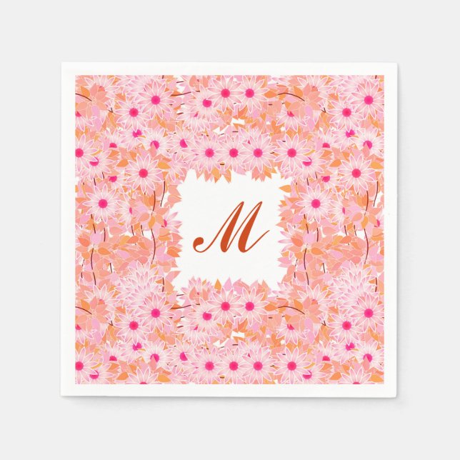 Monogram framed with flowers - pink and peach napkin (Front)