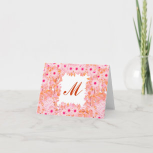 Monogram framed with flowers - pink and peach note card