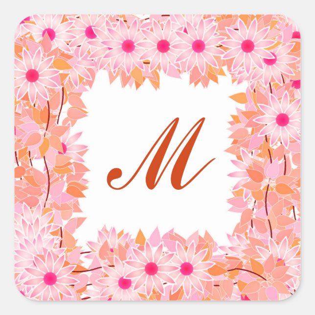 Monogram framed with flowers - pink and peach square sticker (Front)