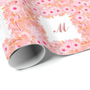 Monogram framed with flowers - pink and peach wrapping paper