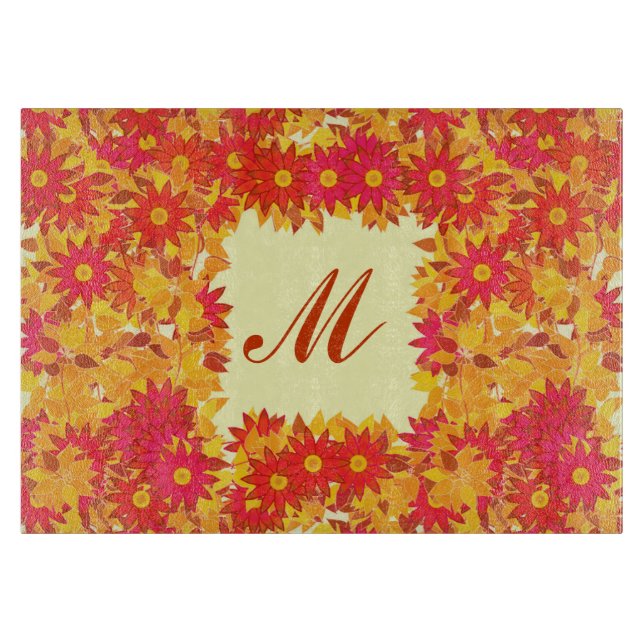 Monogram framed with flowers - red and gold cutting board (Front)