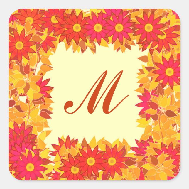 Monogram framed with flowers - red and gold square sticker (Front)