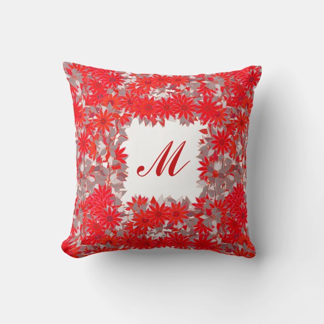 Monogram framed with flowers - red and grey cushion (Front)