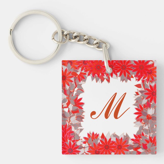 Monogram framed with flowers - red and grey key ring (Front)