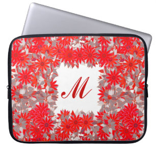 Monogram framed with flowers - red and grey laptop sleeve